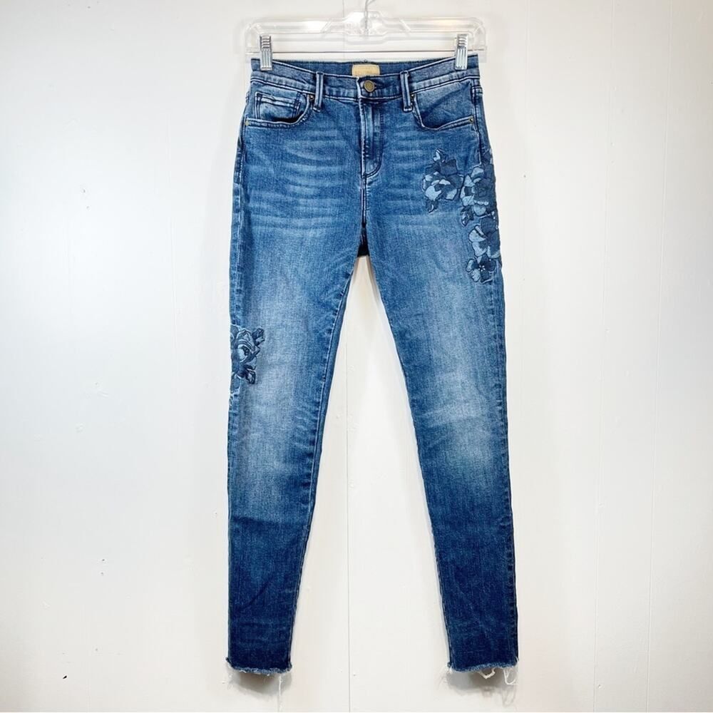 Driftwood Jackie Blue Floral Embroidered Skinny Jeans Dark Wash Size Woman's 25